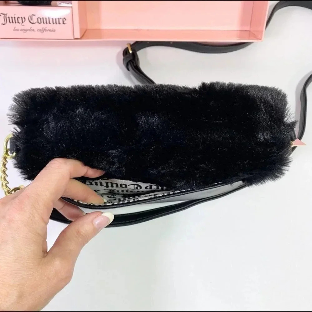 Juicy Couture Black Fur Bag & Heart Pom Pom Keychain Charm Gift Set - Picture 10 of 14